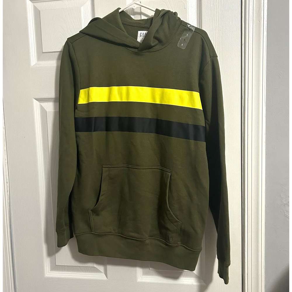 GAP Men's Striped Pullover Hoodie Green Yellow Black Pockets Size S 650729-01-1